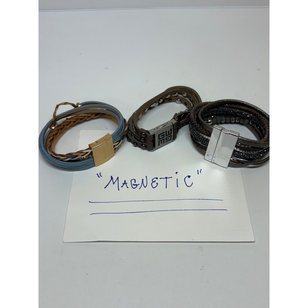 Lot of 3 Magnetic Wrap Bracelets Blue Heart Brown Empower Grey Multi-Strand